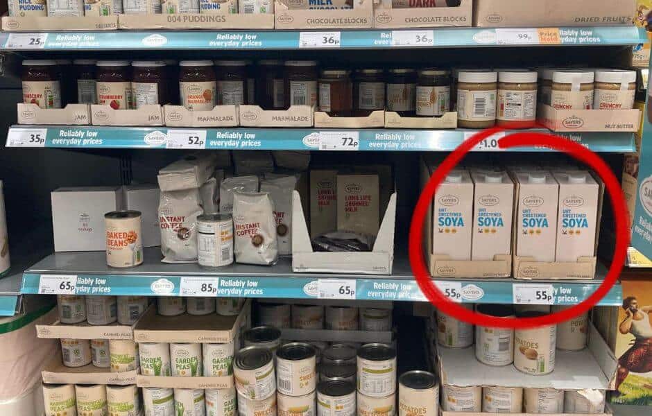 Morrisons shelves stacked with value range products, with soya milk circled in red