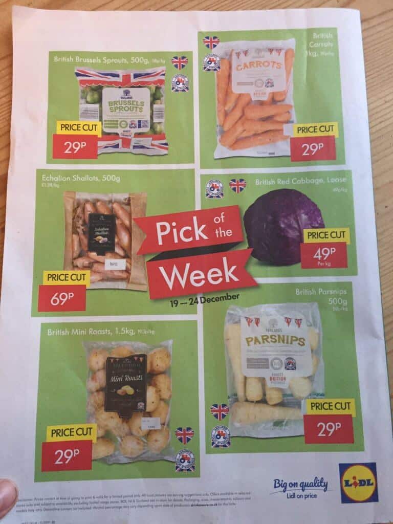Lidl magazine showing reduced price offer on fruit and vegetables