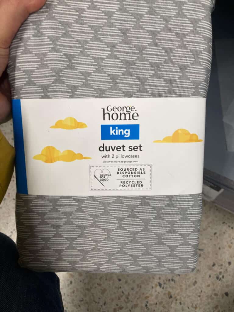 Grey and white patterned duvet set, still in it's packaging 