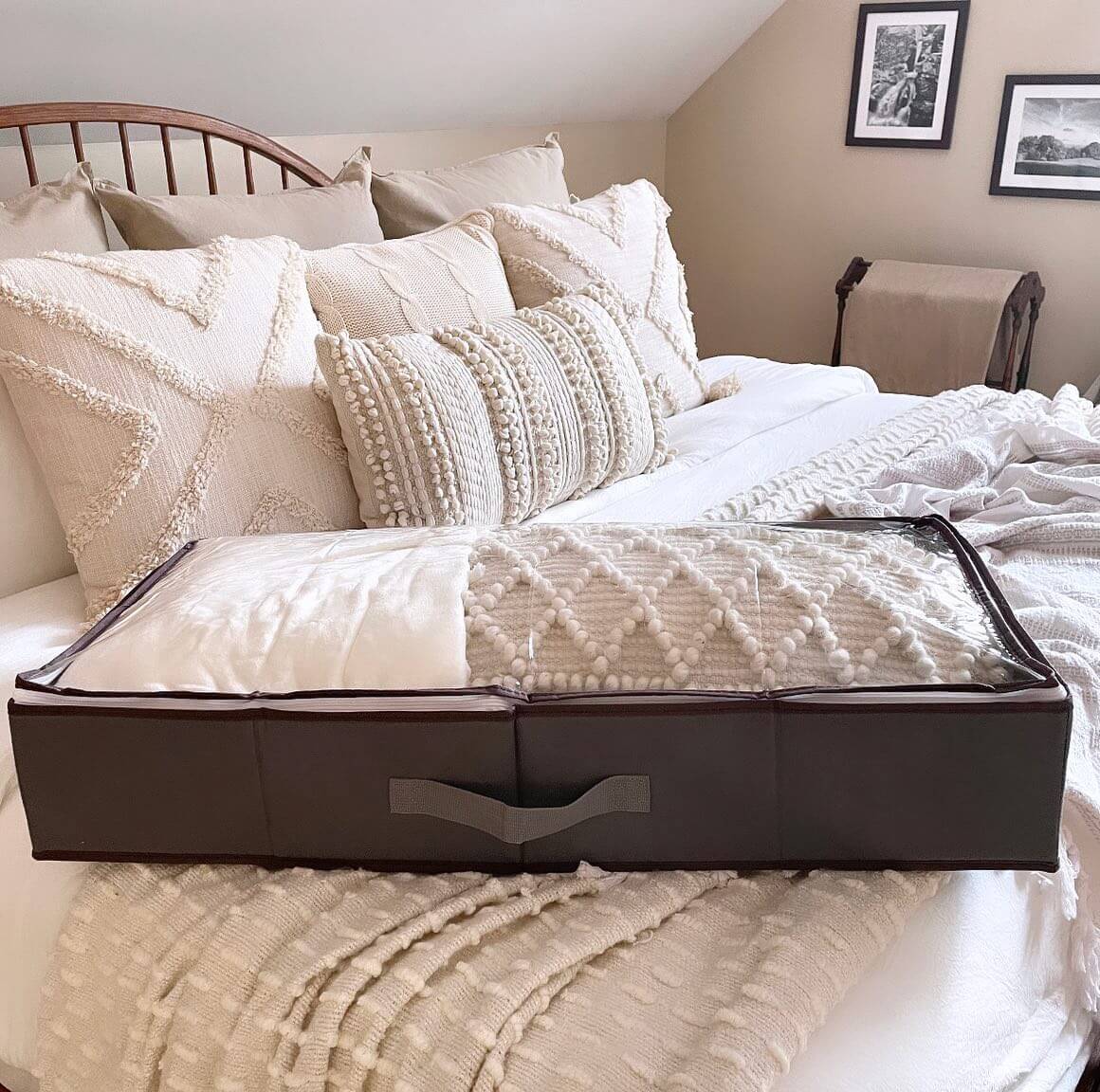 A packing cube on a bed.
