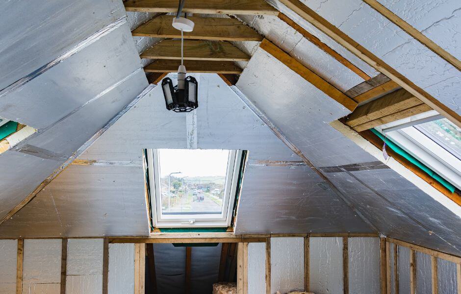 A loft conversion that is not yet finsished, the walls are bare and need plastering.